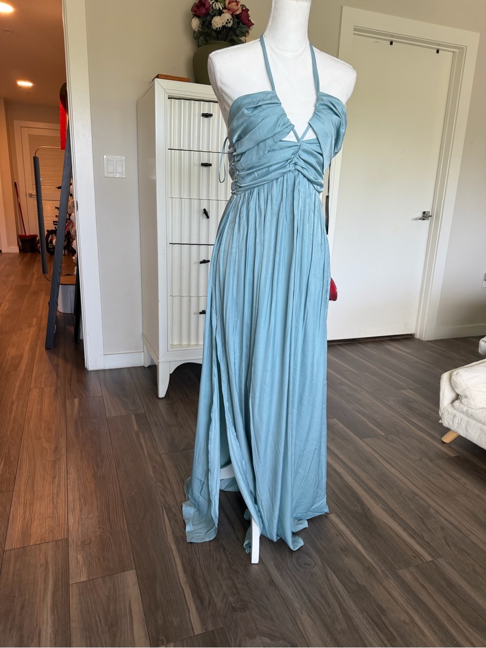 Lulu's Pale Blue Halter Ruched Maxi Dress